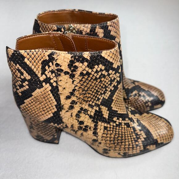 Franco Sarto Snake Print Ankle Boots Sz 7.5M Tan Black Block Heel Leather Bootie - Picture 5 of 7